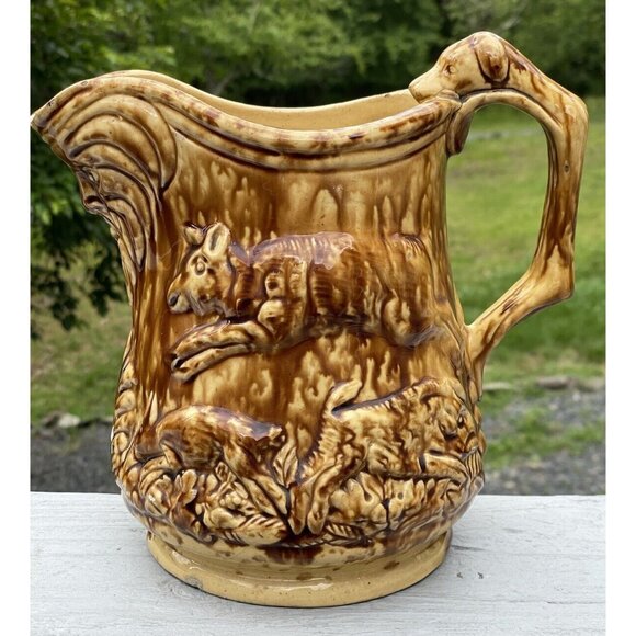 Rare Antique Bennington Rockingham Dog Handle Hunt Scene Pitcher Yellow ware - Picture 7 of 16